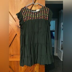 Green Ruffled Dress with Multicolor Accents